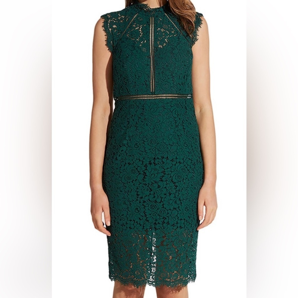 Bardot Emerald Lace Sheath Dress High Neck Sleeveless US 6